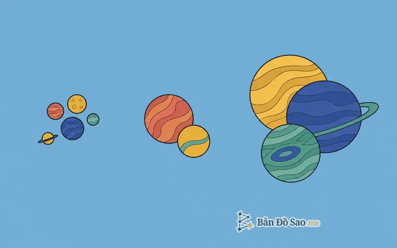 Minh họa ba nhóm hành tinh cá nhân, xã hội và thế hệ theo khoảng cách và kích thước