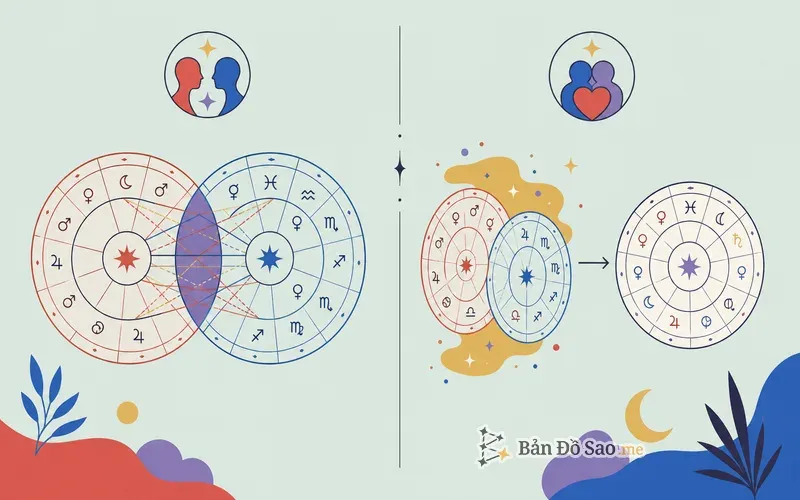 Minh họa hai cách xem bản đồ sao cặp đôi là synastry và composite
