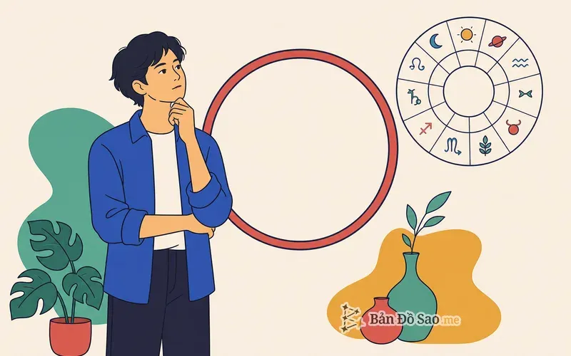 Minh họa lập bản đồ sao khi không nhớ giờ sinh với một chiếc đồng hồ để trống bên vòng tròn chiêm tinh