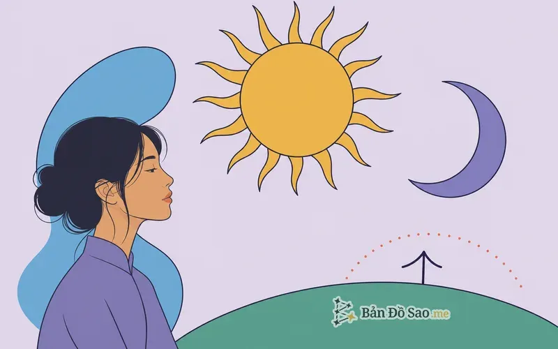 Minh họa bộ ba Mặt Trời, Mặt Trăng và Cung Mọc trong bản đồ sao