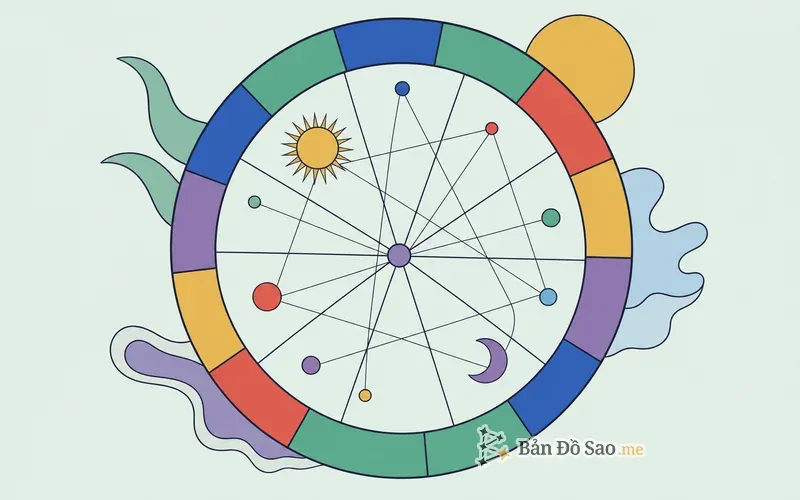 Minh họa các thành phần của bản đồ sao: hành tinh, cung hoàng đạo, nhà và góc chiếu trên một vòng tròn chiêm tinh