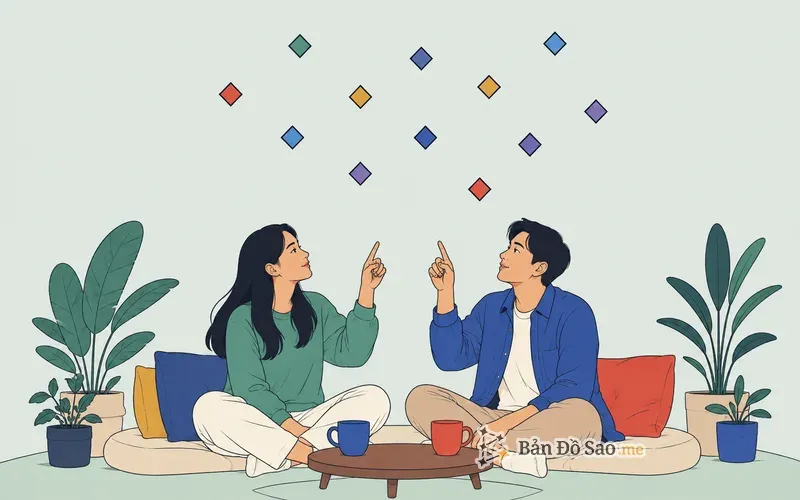Minh họa nhiều hình thoi màu sắc khác nhau trôi nổi ngang hàng nhau, không cái nào nổi bật hơn cái nào