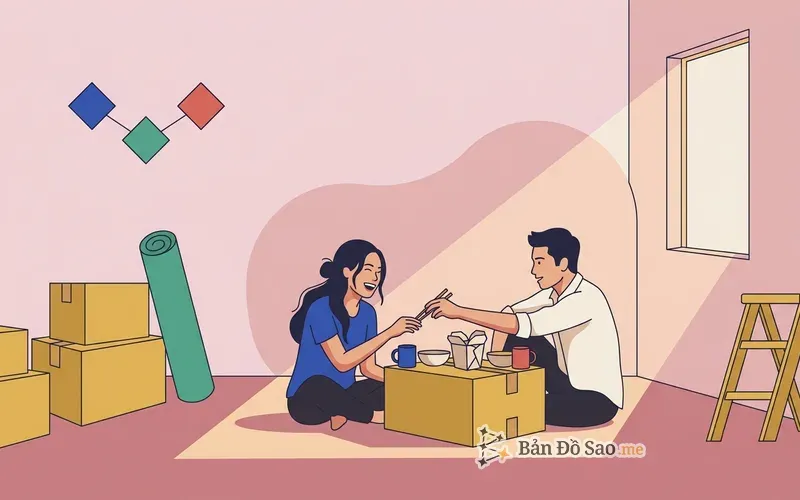 Minh họa hai người ngồi ăn cùng nhau trên sàn căn hộ mới còn nguyên thùng đồ, tình cảm thể hiện qua việc cùng bắt đầu xây dựng một nơi chốn chung