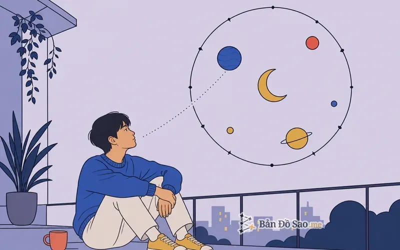 Minh họa chiêm tinh học với các hành tinh và vòng hoàng đạo quanh một người trắng đang quan sát bầu trời