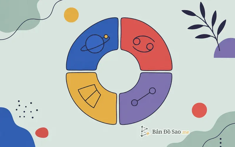 Minh họa bốn thành phần của bản đồ sao gồm hành tinh, cung hoàng đạo, nhà và góc chiếu