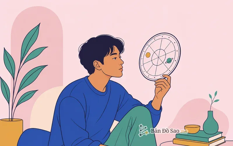 Minh họa một người trẻ dùng bản đồ sao như công cụ tự khám phá và thấu hiểu bản thân