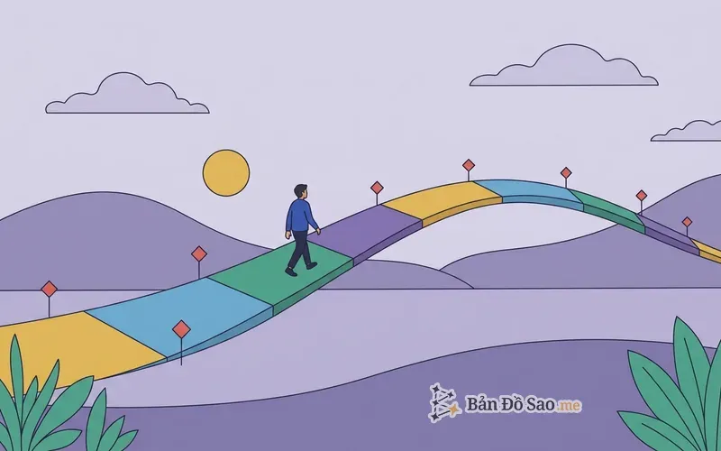 Minh họa một con đường dài chia thành tám chặng màu khác nhau, mỗi mối nối có một cột mốc, một người đang đi trên chặng thứ tư