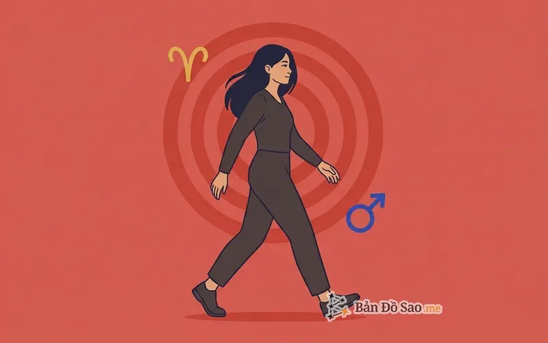 Minh họa người trẻ bước tới dứt khoát với hào quang nhẹ phía sau, ký hiệu cung Bạch Dương và ký hiệu Sao Hỏa đặt cách nhau trên nền, gợi chủ tinh nằm ở phía trước hướng đang tiến tới