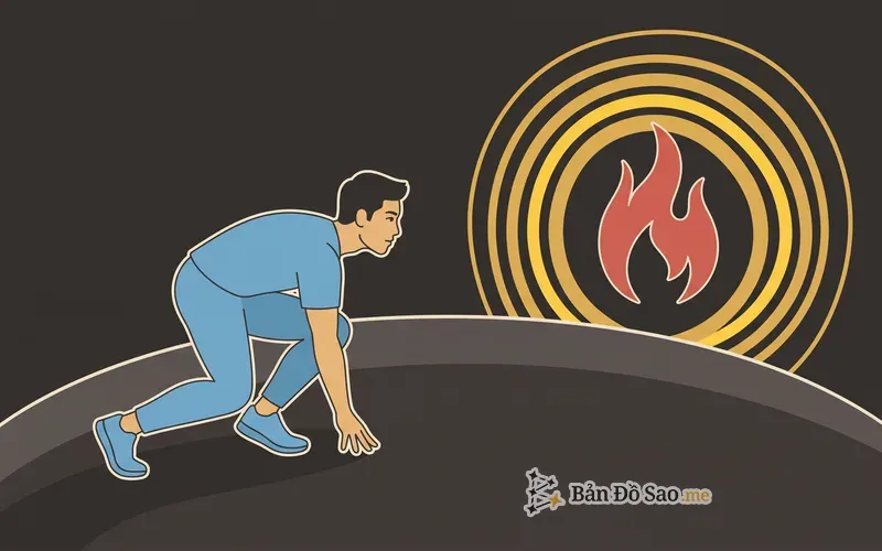 Minh họa một người trong tư thế chuẩn bị lao tới trên đường chân trời cong, trong khi một ngọn lửa lớn tỏa hào quang ở một điểm khác của đường đó, tượng trưng cho Sao Hỏa nằm ở vị trí khác với cung Bạch Dương