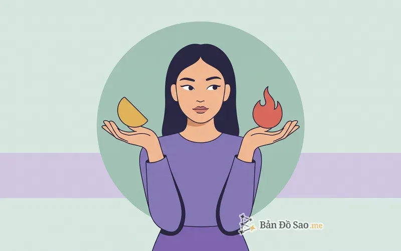Minh họa một người cầm trên hai tay một ký hiệu cung hoàng đạo và một ngọn lửa tượng trưng cho Sao Hỏa, so sánh hai vị trí trước khi đọc chúng cùng nhau