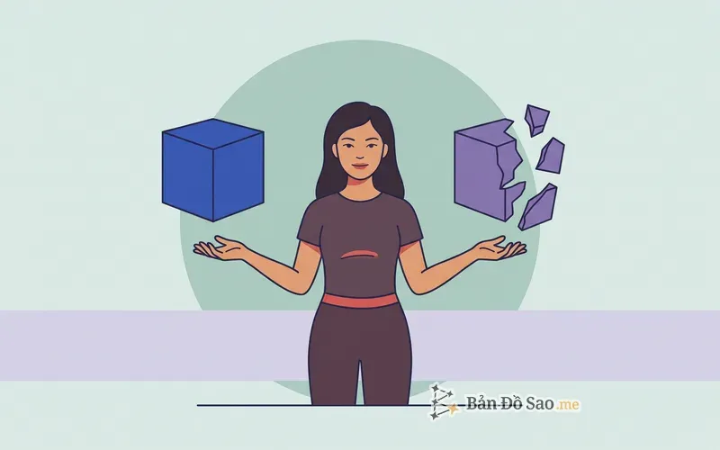 Minh họa một người đứng cân bằng giữa một khối lập phương nguyên vẹn tượng trưng Sao Thổ và một khối tương tự đang vỡ thành các mảnh tượng trưng Sao Thiên Vương, hai tay mở về hai phía để đọc cả hai lớp cùng lúc
