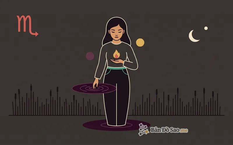 Minh họa người trẻ đứng giữa nền tối, một tay nhúng vào mặt hồ gợn sóng tượng trưng Sao Diêm Vương, tay kia giữ một đốm lửa nhỏ tượng trưng Sao Hỏa, ký hiệu cung Bọ Cạp và trăng lưỡi liềm cùng hành tinh nhỏ ở góc trên