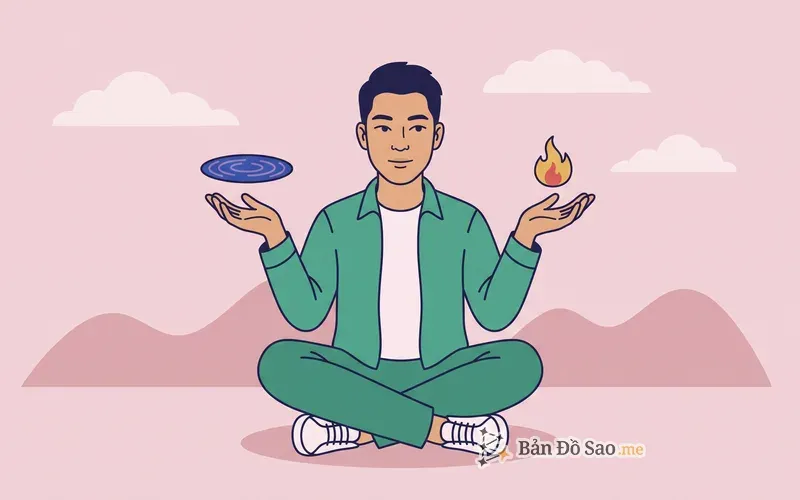 Minh họa một người ngồi xếp bằng, một tay giơ đĩa nước gợn sóng tượng trưng Sao Diêm Vương, tay kia giữ ngọn lửa nhỏ tượng trưng Sao Hỏa, nhìn đều vào cả hai để đọc song song thay vì chọn một