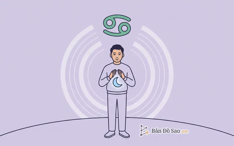 Minh họa người trẻ đứng giữa, hai tay nâng nhẹ một đĩa trăng lưỡi liềm phát sáng dịu, ký hiệu cung Cự Giải phía trên, vòng cung halo mềm phía sau tượng trưng chủ tinh Mặt Trăng