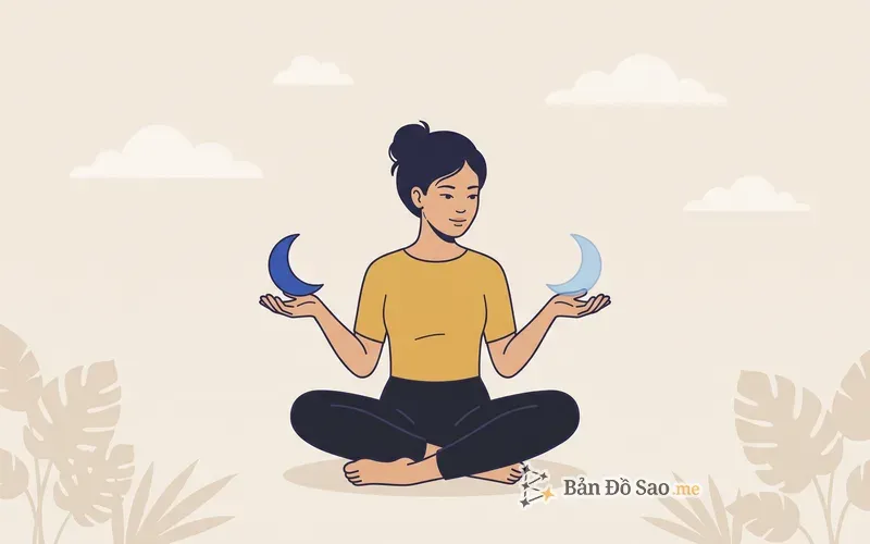 Minh họa một người ngồi so sánh hai hình trăng lưỡi liềm nhỏ trên hai lòng bàn tay, một hình rõ nét và một hình mờ hơn, tượng trưng cho việc kiểm tra Mặt Trăng ở hai mốc giờ sinh khác nhau