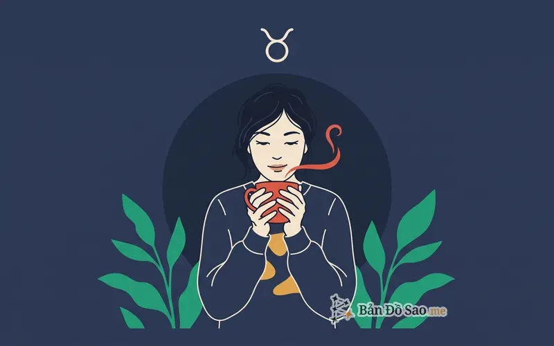 Minh họa người trẻ đứng giữa nền tối, hai tay ôm một tách gốm ấm áp trước ngực, mắt khẽ nhắm tận hưởng, ký hiệu cung Kim Ngưu phía trên tượng trưng chủ tinh Sao Kim qua lớp giác quan