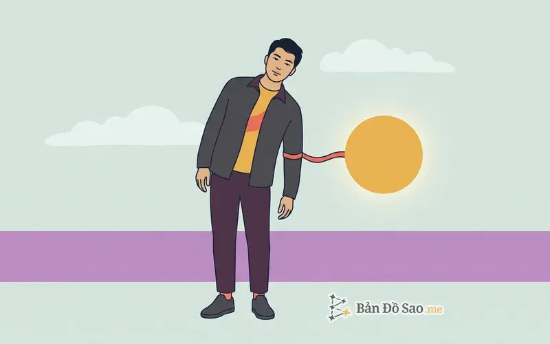 Minh họa một người nghiêng người sang một bên, được nối bằng một dải ruy băng ngắn với một vòng tròn sáng rực tượng trưng Mặt Trời, dải ruy băng căng ra khi người đó nghiêng quá xa, cho thấy Sao Kim không bao giờ rời xa Mặt Trời quá một khoảng nhất định