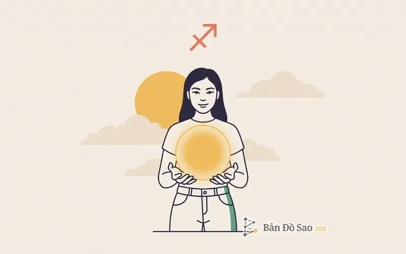 Minh họa người trẻ đứng giữa, hai tay mở rộng một quả cầu ánh sáng đang phồng to dần, ký hiệu cung Nhân Mã phía trên tượng trưng chủ tinh Sao Mộc và chức năng phóng to mọi thứ