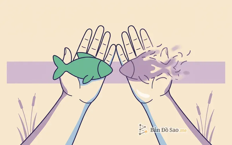 Minh họa hai bàn tay, mỗi tay giữ một hình con cá nhỏ, một con giữ đường nét rõ và một con đang tan dần thành các vệt mờ, tượng trưng cho hai lớp chủ tinh của Song Ngư, Sao Mộc giữ ranh giới và Sao Hải Vương làm tan ranh giới đó
