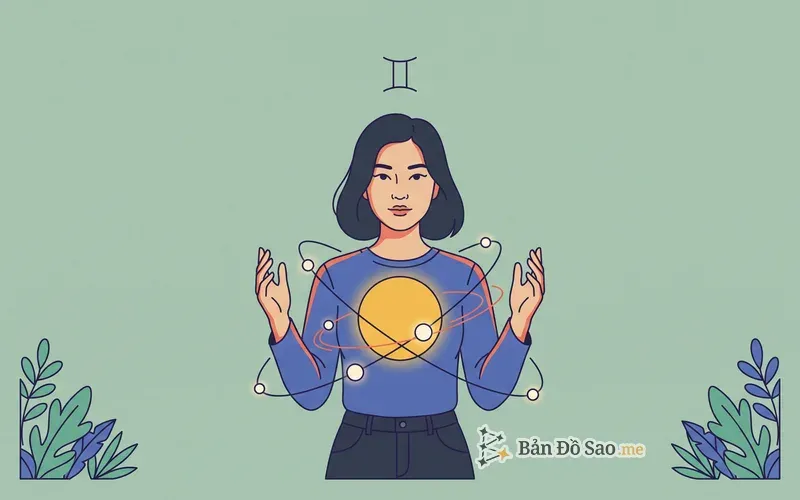 Minh họa người trẻ đứng giữa, hai tay nâng nhiều đốm sáng nhỏ xoay quanh một vòng tròn sáng lớn ngay trước ngực, ký hiệu cung Song Tử phía trên tượng trưng chủ tinh Sao Thủy không bao giờ rời xa Mặt Trời