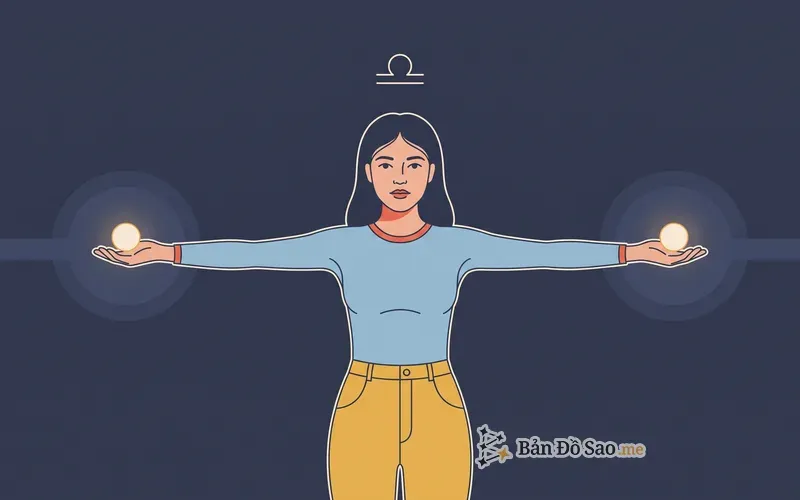 Minh họa người trẻ đứng giữa, hai tay dang ngang mỗi bên giữ một quả cầu sáng giống hệt nhau như một chiếc cân, ký hiệu cung Thiên Bình phía trên tượng trưng chủ tinh Sao Kim hướng ra người khác