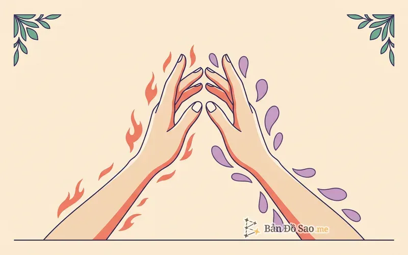 Minh họa hai bàn tay đưa vào từ hai mép khung hình đối diện nhau, gần chạm nhưng còn chừa một khoảng trống ở giữa, tay bên trái bao quanh bởi vài vệt lửa nhỏ tượng trưng Sao Hỏa của Bạch Dương, tay bên phải bao quanh bởi các hình cánh hoa mềm tượng trưng Sao Kim của Thiên Bình