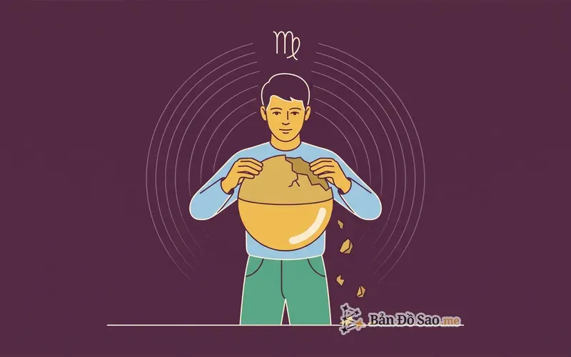 Minh họa người trẻ đứng giữa, hai tay đang gọt tỉa một khối cầu sáng để lộ phần lõi tròn nhẵn bên trong, vài mảnh vụn rơi xuống nền đất, ký hiệu cung Xử Nữ phía trên tượng trưng chủ tinh Sao Thủy quay về phía chi tiết