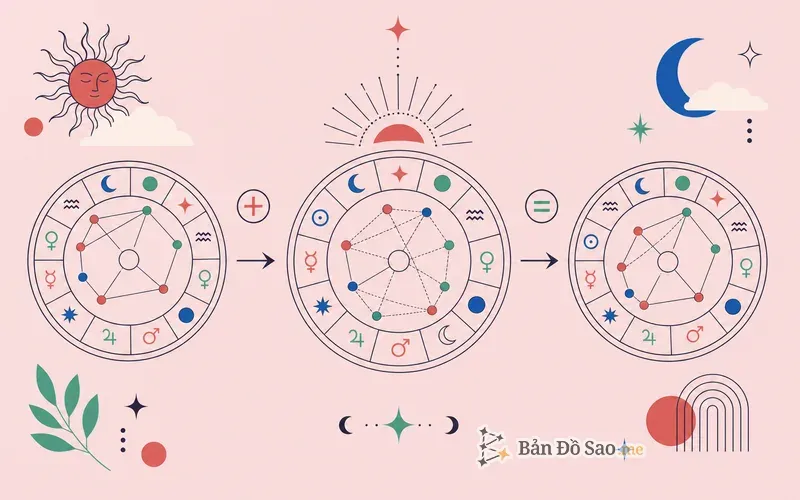 Minh họa hai lá số hợp nhất thành một lá số composite của mối quan hệ