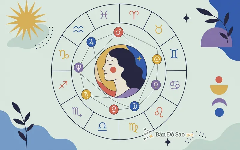 Minh họa nhiều hành tinh nằm ở các cung khác nhau tạo nên bức tranh đầy đủ