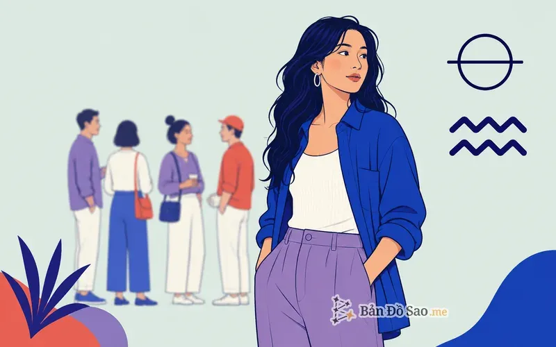 Minh họa Cung Mọc Bảo Bình với biểu tượng Ascendant và ký hiệu cung Bảo Bình cạnh người trẻ đứng lệch nhóm nhìn theo hướng riêng