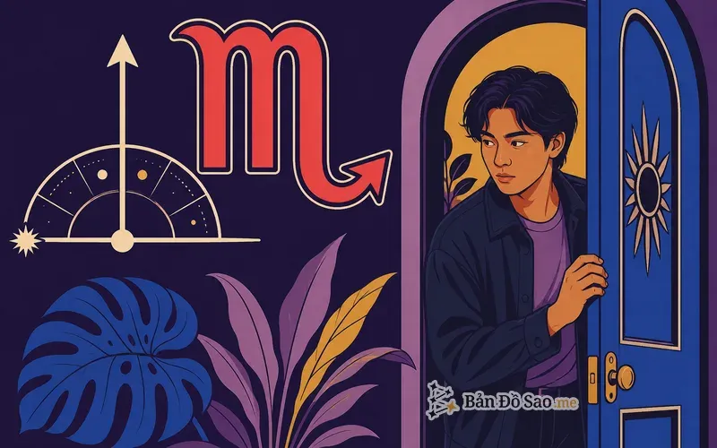 Minh họa Cung Mọc Bọ Cạp với biểu tượng Ascendant và ký hiệu cung Bọ Cạp cạnh người trẻ quan sát trước khi mở lòng