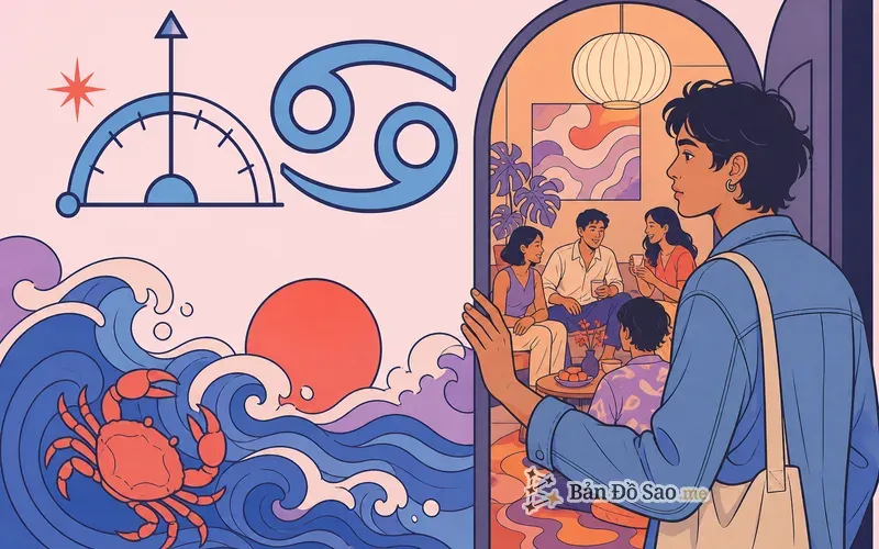 Minh họa Cung Mọc Cự Giải với biểu tượng Ascendant và ký hiệu cung Cự Giải cạnh người trẻ quan sát không gian trước khi mở lòng