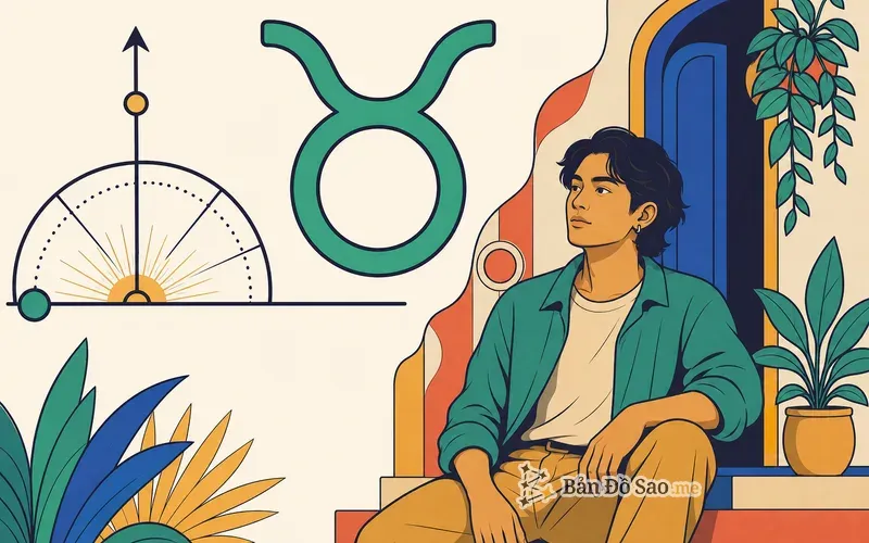 Minh họa Cung Mọc Kim Ngưu với biểu tượng Ascendant và ký hiệu cung Kim Ngưu cạnh người trẻ hiện diện vững vàng khi bước vào không gian mới