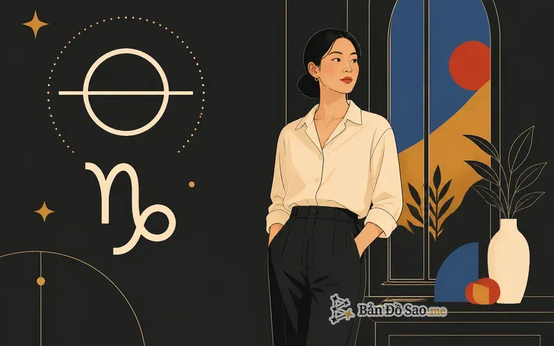 Minh họa Cung Mọc Ma Kết với biểu tượng Ascendant và ký hiệu cung Ma Kết cạnh người trẻ đứng vững trước khung cửa văn phòng yên