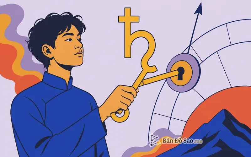 Minh họa chart ruler Sao Thổ gắn với Cung Mọc Ma Kết như chìa khóa mở lớp ấn tượng vững vàng