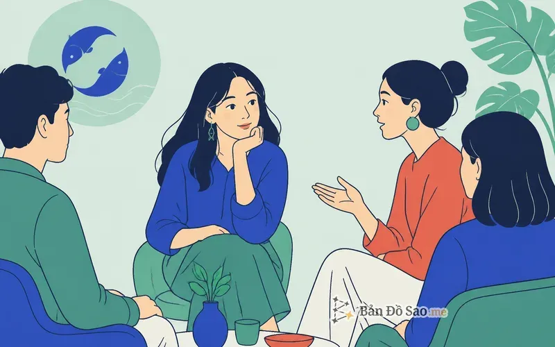 Minh họa Cung Mọc Song Ngư khi lắng nghe bầu không khí trước khi lên tiếng trong nhóm mới