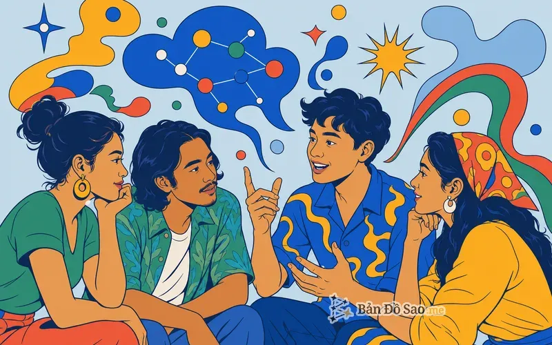 Minh họa Cung Mọc Song Tử khi bắt chuyện nhanh và linh hoạt trong nhóm mới