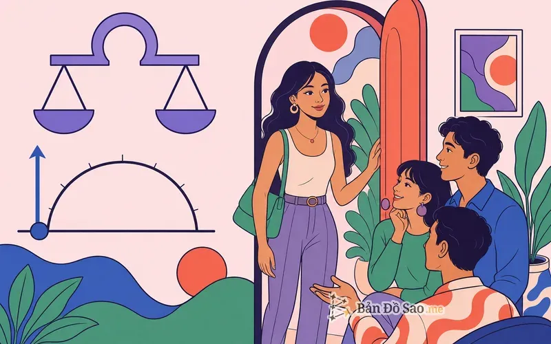Minh họa Cung Mọc Thiên Bình với biểu tượng Ascendant và ký hiệu cung Thiên Bình cạnh người trẻ giữ hòa khí khi bước vào nhóm