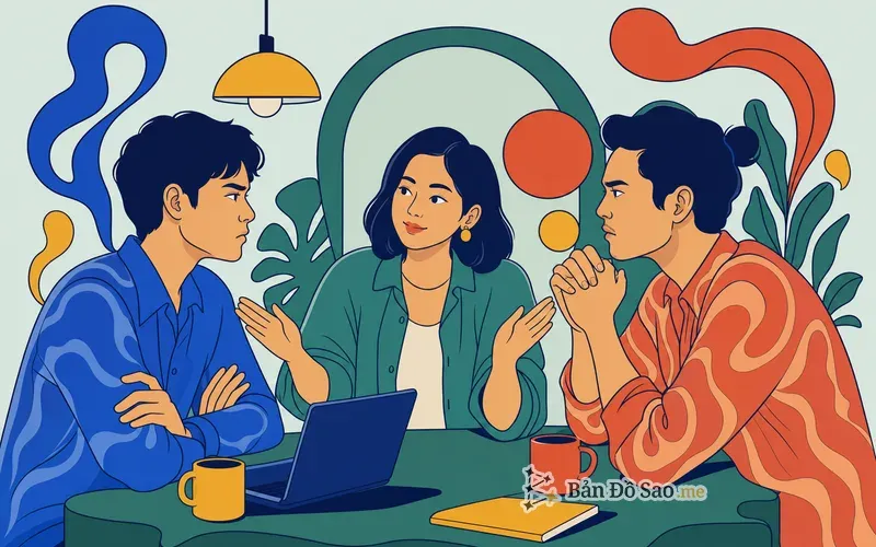 Minh họa Cung Mọc Thiên Bình khi bước vào nhóm với cử chỉ cân nhắc và giữ hòa khí