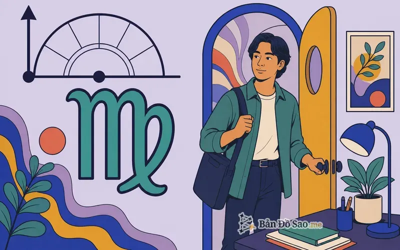 Minh họa Cung Mọc Xử Nữ với biểu tượng Ascendant và ký hiệu cung Xử Nữ cạnh người trẻ xuất hiện gọn gàng khi bước vào không gian mới