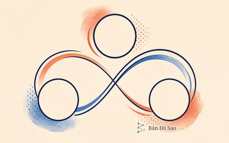 Minh họa đuôi nghiệp Matrix như chuỗi nút năng lượng tạo thành khuôn mẫu lặp