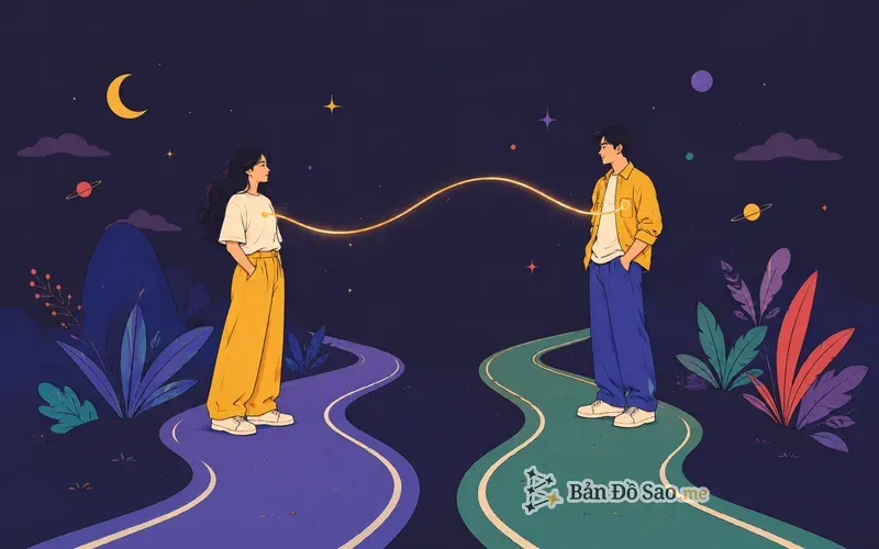 Minh họa duyên gặp gỡ trong Matrix cặp đôi, hai người kết nối bằng một đường năng lượng mềm giữa hai con đường riêng