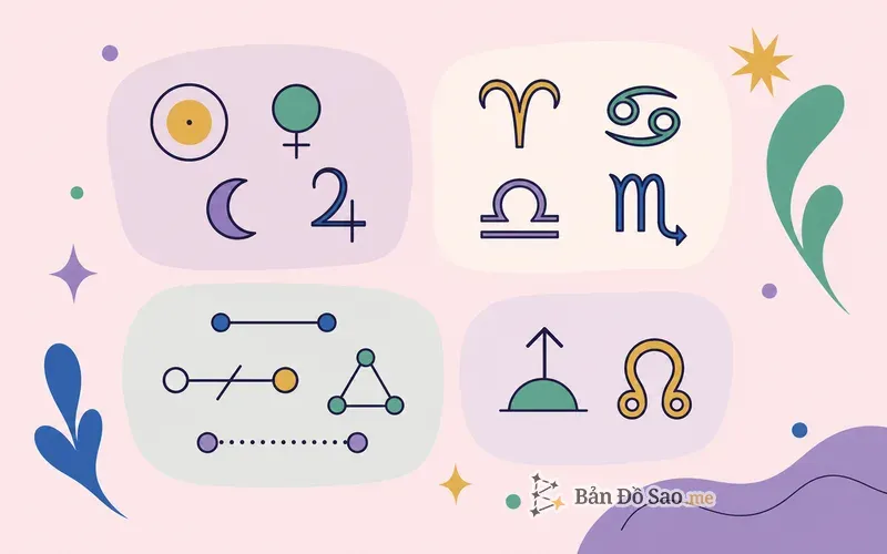 Minh họa bốn nhóm ký hiệu chiêm tinh gồm hành tinh, cung, góc chiếu và điểm đặc biệt
