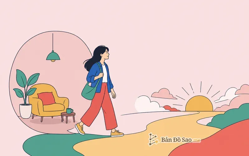 Minh họa một người bước ra khỏi vòng quen thuộc để tiến về một hướng phát triển mới