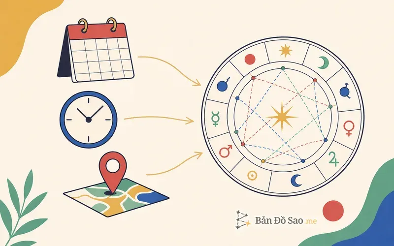 Minh họa các thông tin cần để lập bản đồ sao gồm ngày, giờ và nơi sinh