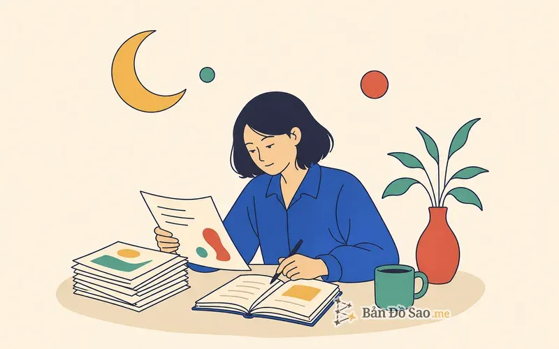 Minh họa một người bình tĩnh rà soát lại giấy tờ và kế hoạch cũ