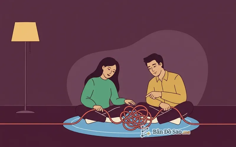 Minh họa hai người cùng ngồi nhìn một mớ dây rối nằm giữa hai người, mỗi người giữ một đầu dây nhưng không ai kéo về phía mình