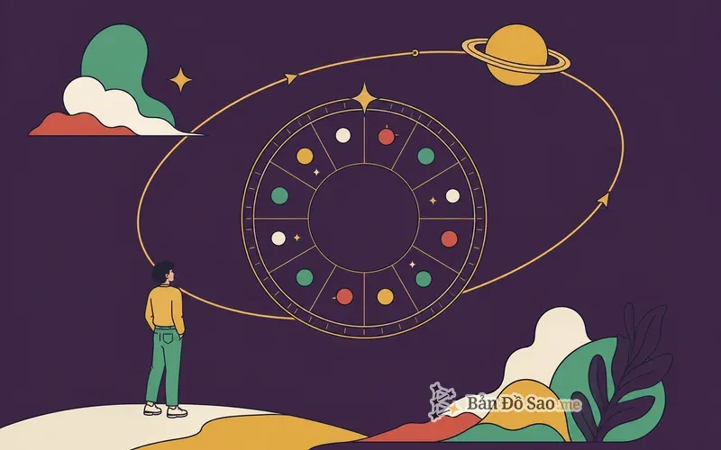 Minh họa Saturn Return với Sao Thổ quay về vị trí gốc trên bản đồ sao quanh tuổi 29