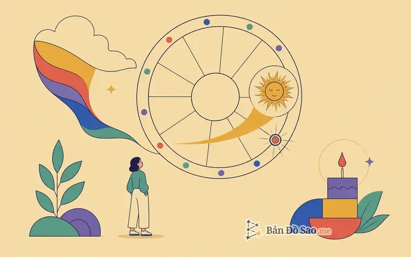 Minh họa Solar Return với Mặt Trời quay về vị trí natal tạo bản đồ sao sinh nhật