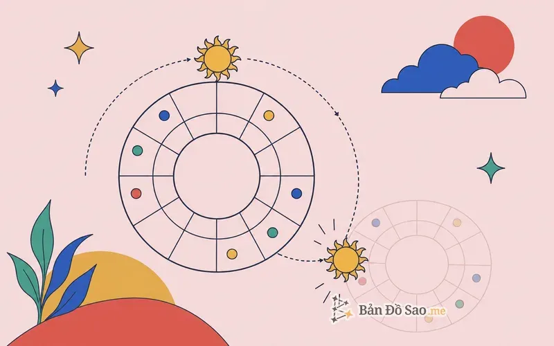 Minh họa Mặt Trời quay về vị trí natal để tạo lá số Solar Return mỗi năm